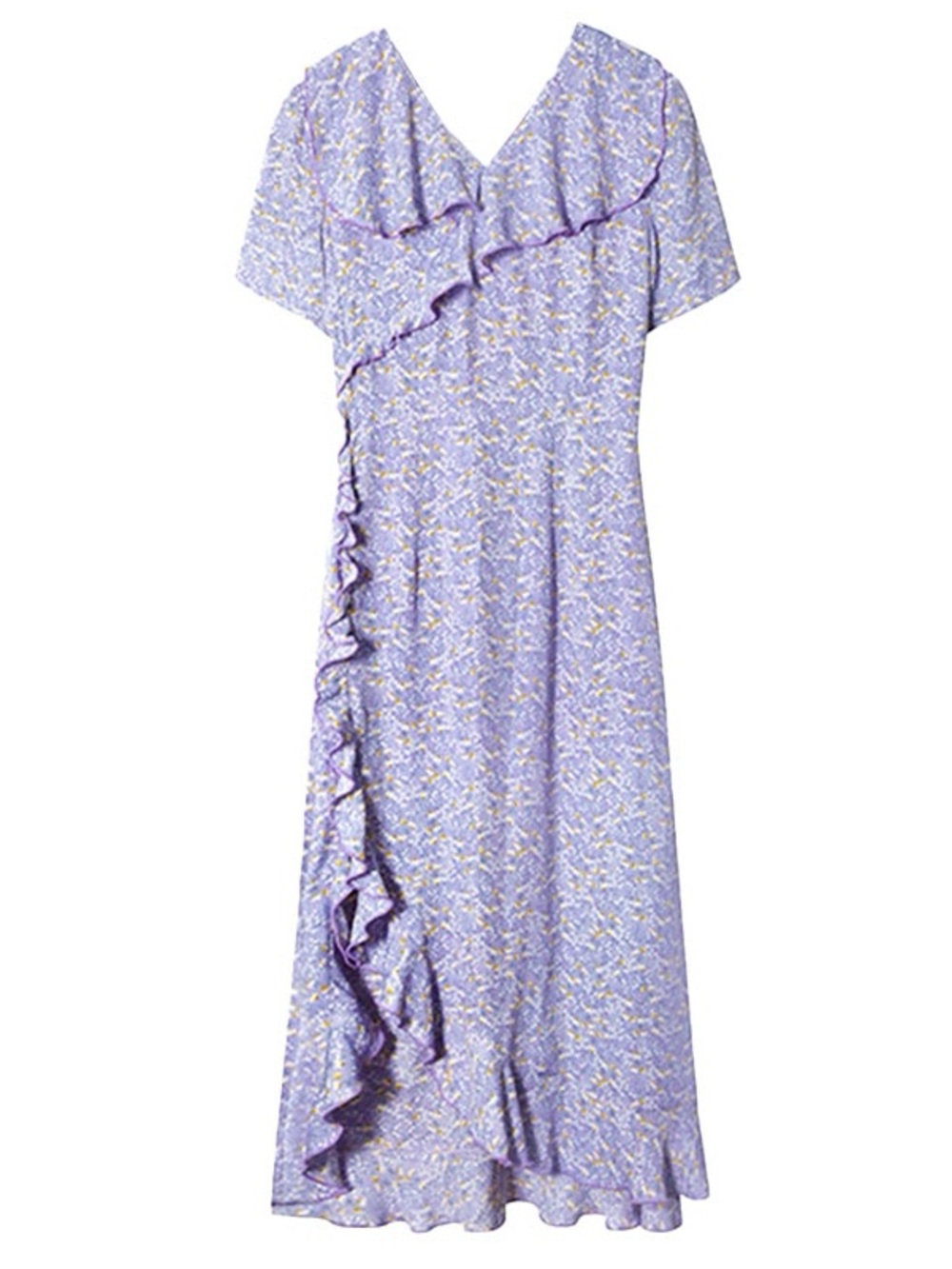 Womens Purple White Floral Wrap Dress V-Neck Midi Short Sleeve Ruffle Medium